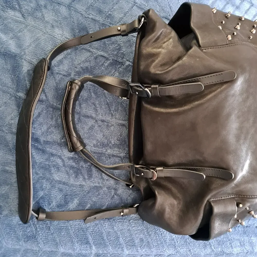 Jimmy Choo Blare Studded Shoulder Purse Satchel Tote Bag Black Glossy Leather